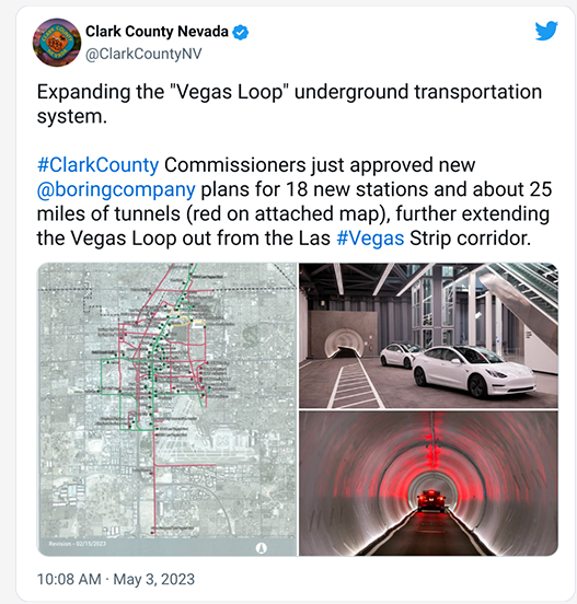 Clark County Nevada on X: Expanding the Vegas Loop underground  transportation system. #ClarkCounty Commissioners just approved new  @boringcompany plans for 18 new stations and about 25 miles of tunnels (red  on attached