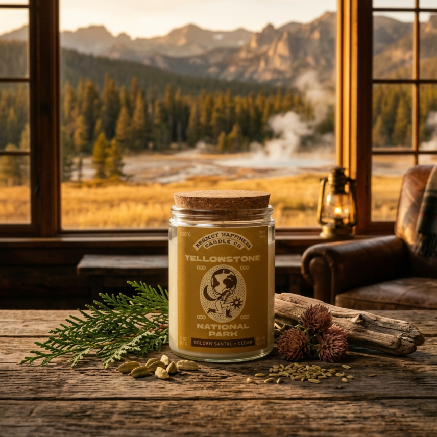 A national park candle named yellowstone sitting on a table with ornaments around it and the yellowstone national park in the background