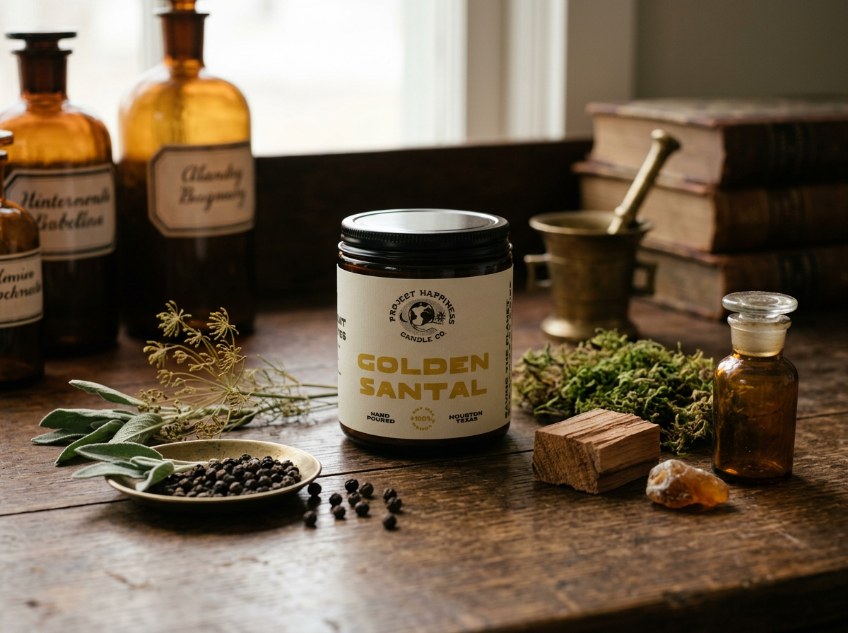 Golden Santal and Cedar candle in a glass jar on a tabletop, surrounded by decorative ornaments and warm seasonal accents.