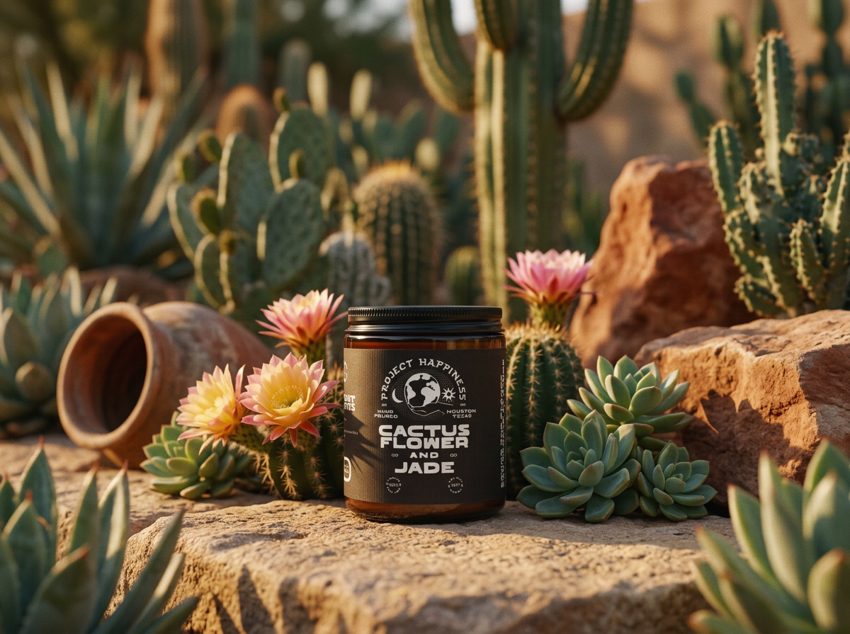 Amber glass cactus flower and jade candle styled among flowering cacti and jade-green succulents in warm desert sunlight.