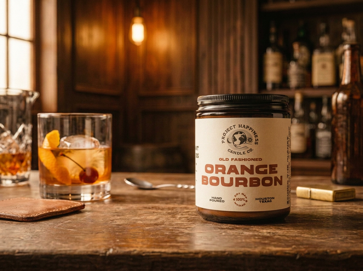A candle named orange bourbon sitting on a bar. There is an old fashioned whiskey next to it.