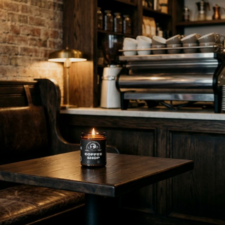 Coffee Shop candle creating a warm ambiance in a cozy coffee shop
