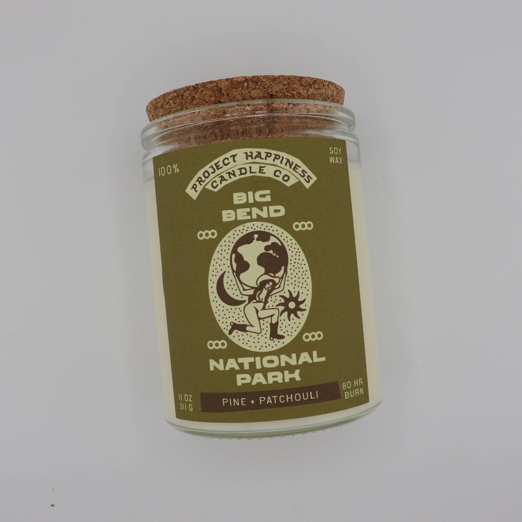 Big Bend soy candle inspired by the national park, featuring fresh notes of lime, pear, sage, patchouli, balsam, pine, and cedar. Burns for 80–100 hours.