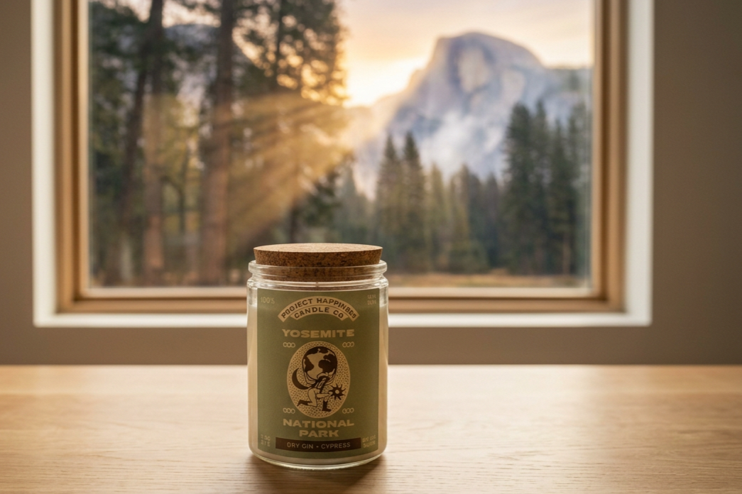 A yosemite candle sitting on top of a table with the yosemite mountains in the background