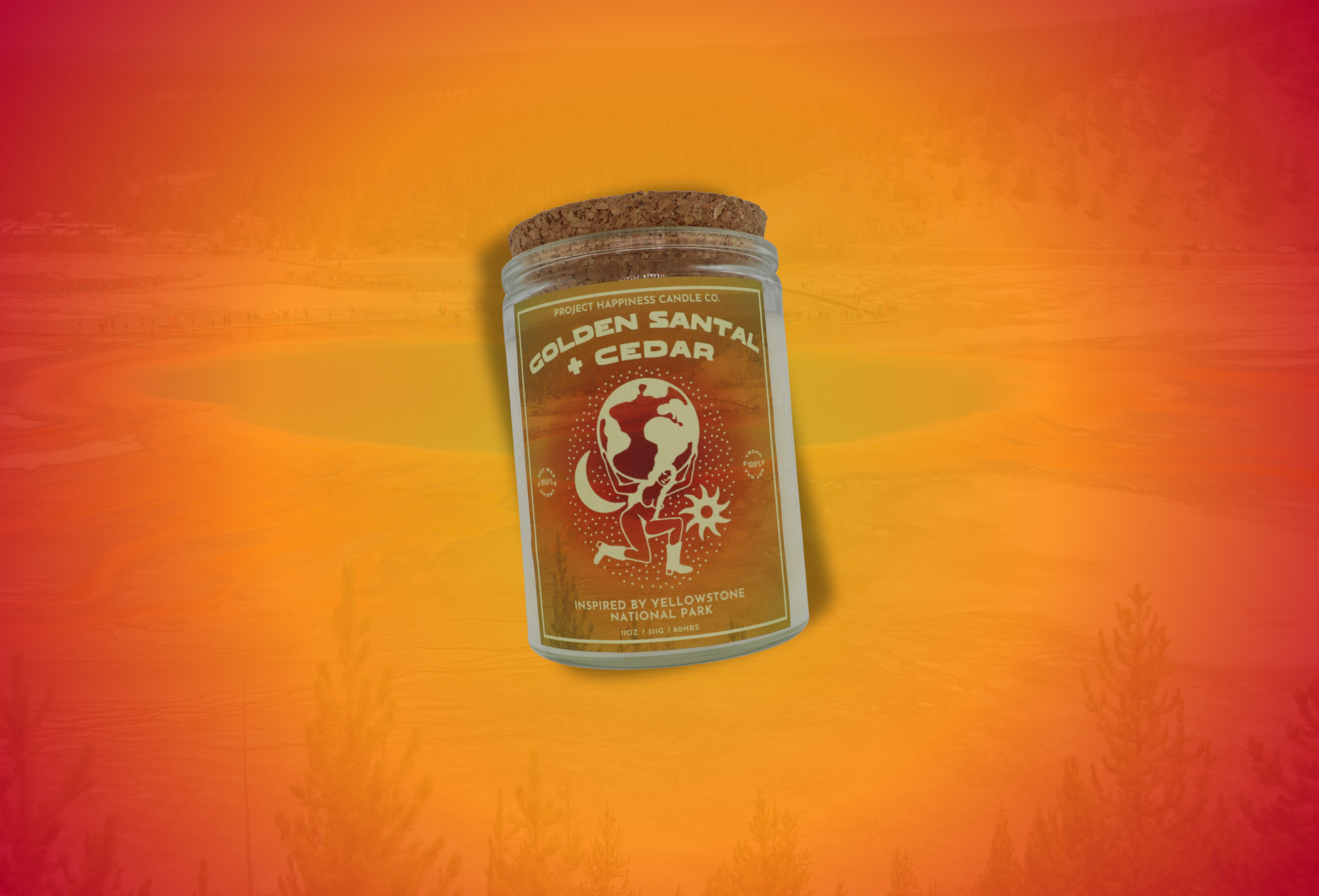 A jar of Golden Santal and Cedar Soy Candle against a vibrant red background.