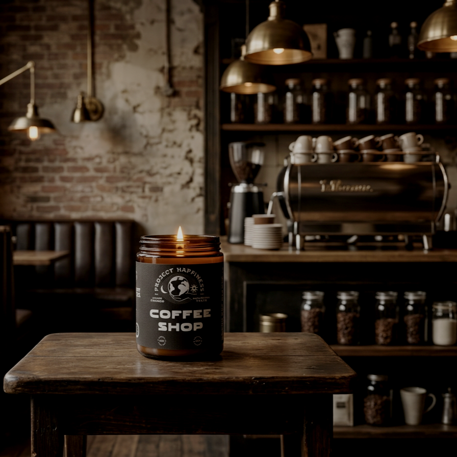 Handmade Coffee Shop candle in a moody, upscale coffeehouse setting on top of a chair
