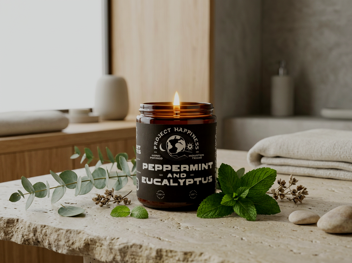 Peppermint & Eucalyptus soy candle in a clean, spa-inspired setting