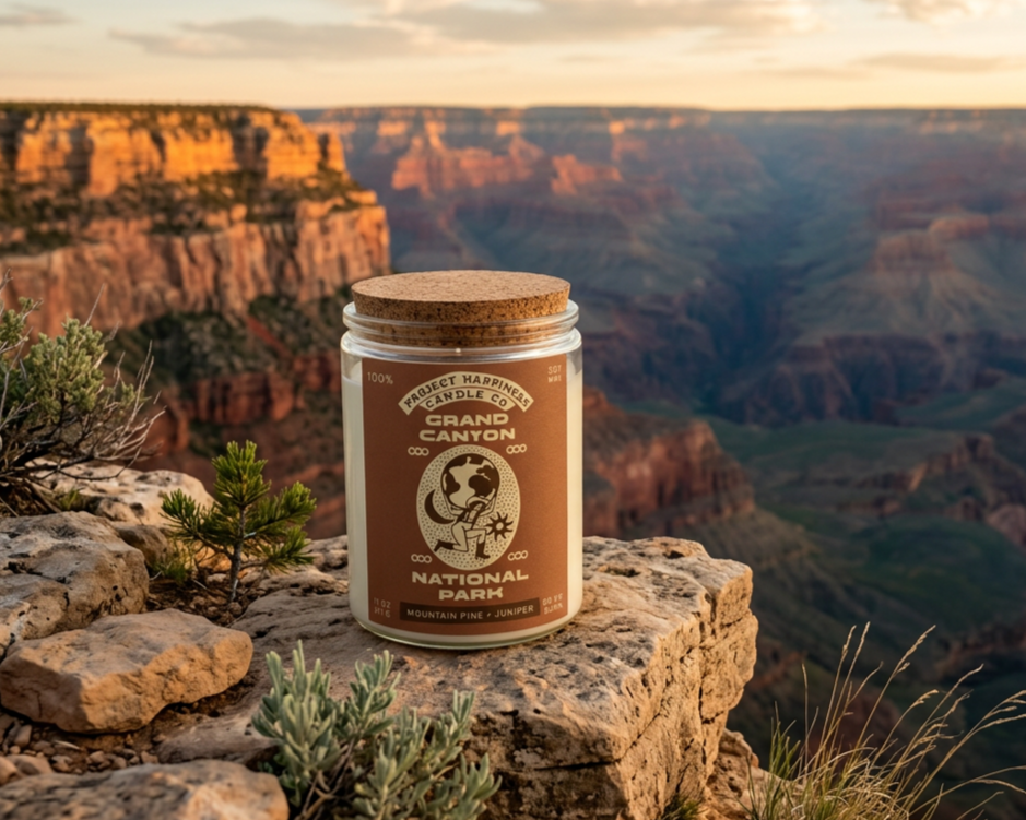 a candle sitting on a rock with the Grand Canyon scenery in the background during sunset