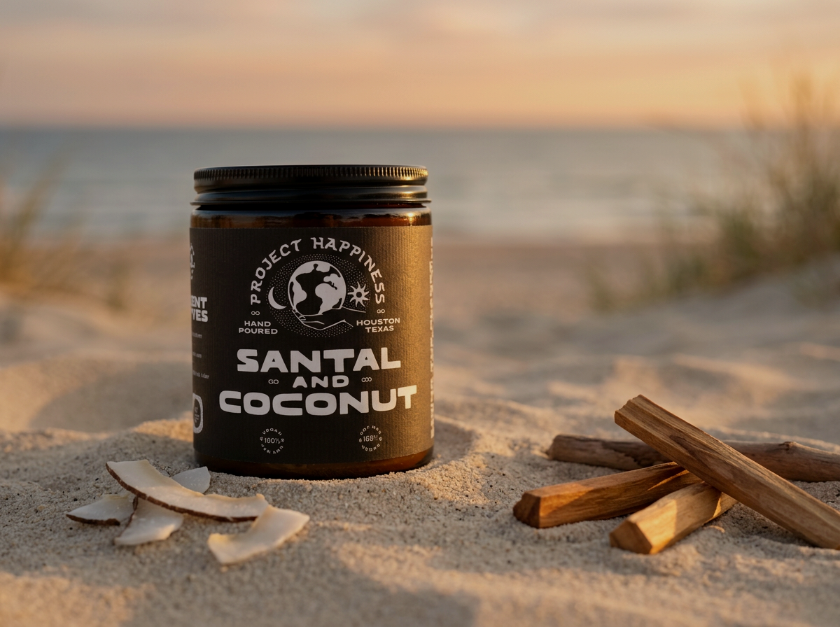 A santal and coconut candle resting in sand at sunset, lit by warm golden light with soft shadows and a calm coastal feel.