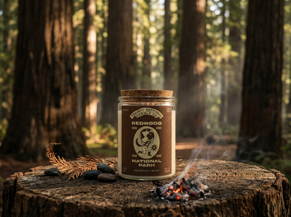 A redwood candle on a tree stump with big redwood trees in the background