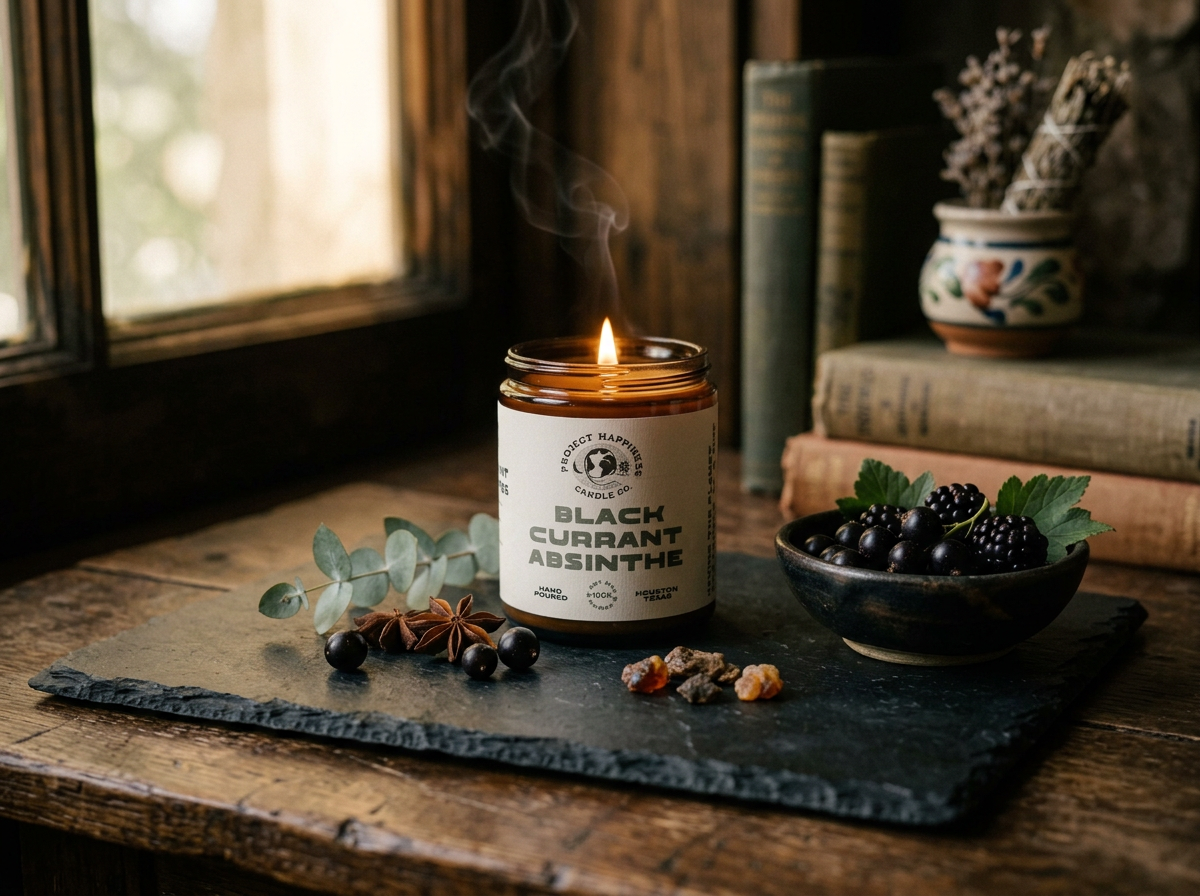 a Candle in a Dark, moody candle surrounded by a smoky, luxurious aesthetic sitting on a table.