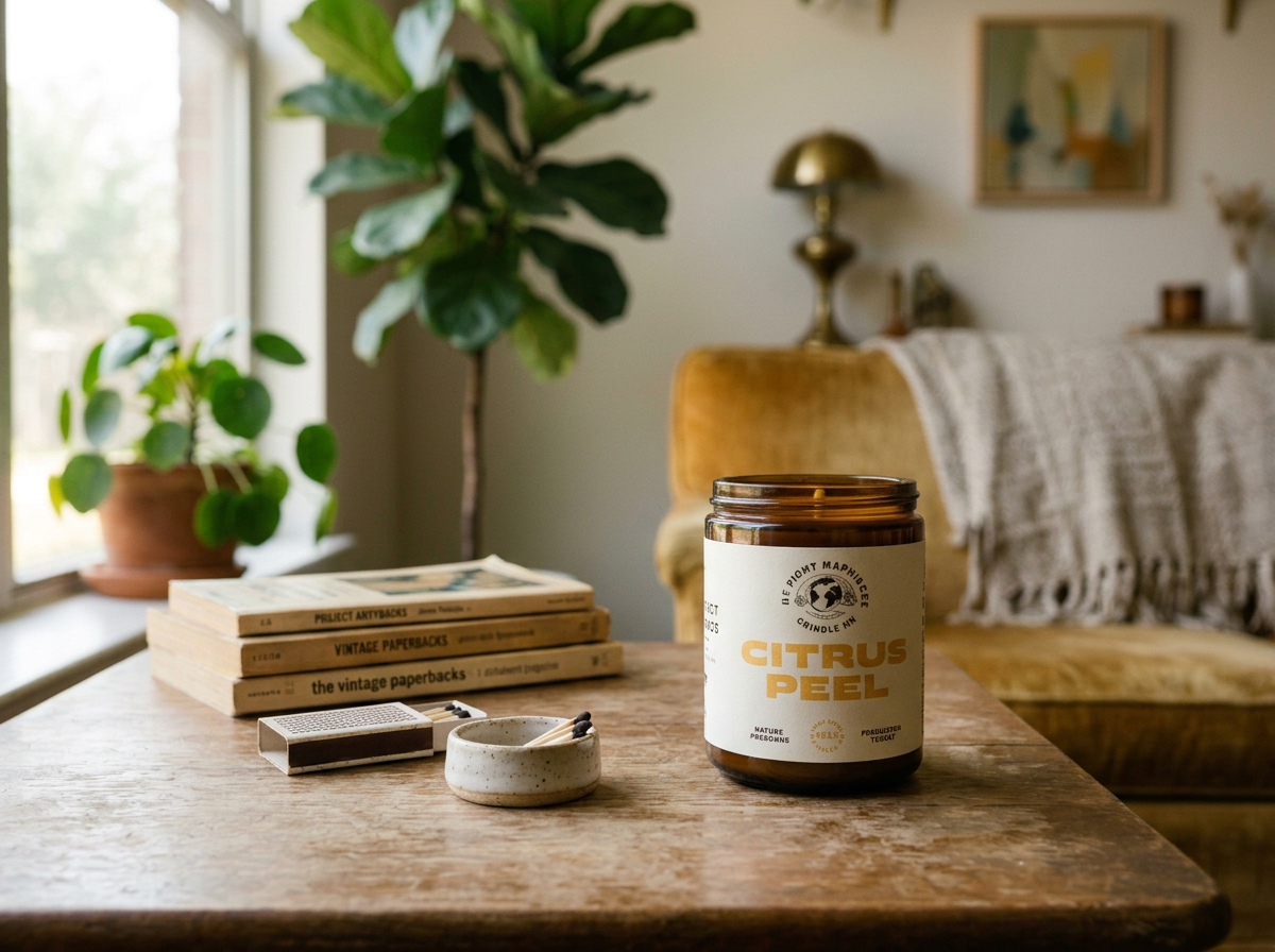 Close up view on Candle styled on a surface in a cozy, vintage-inspired home with plants and eclectic décor.