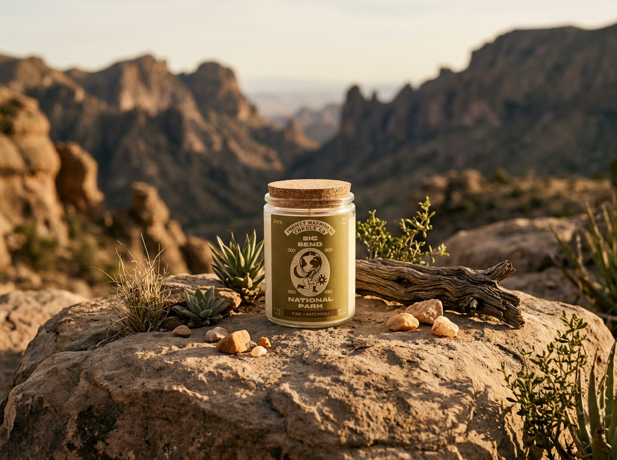 A big bend candle sitting on the dirt ground with the national park in the background