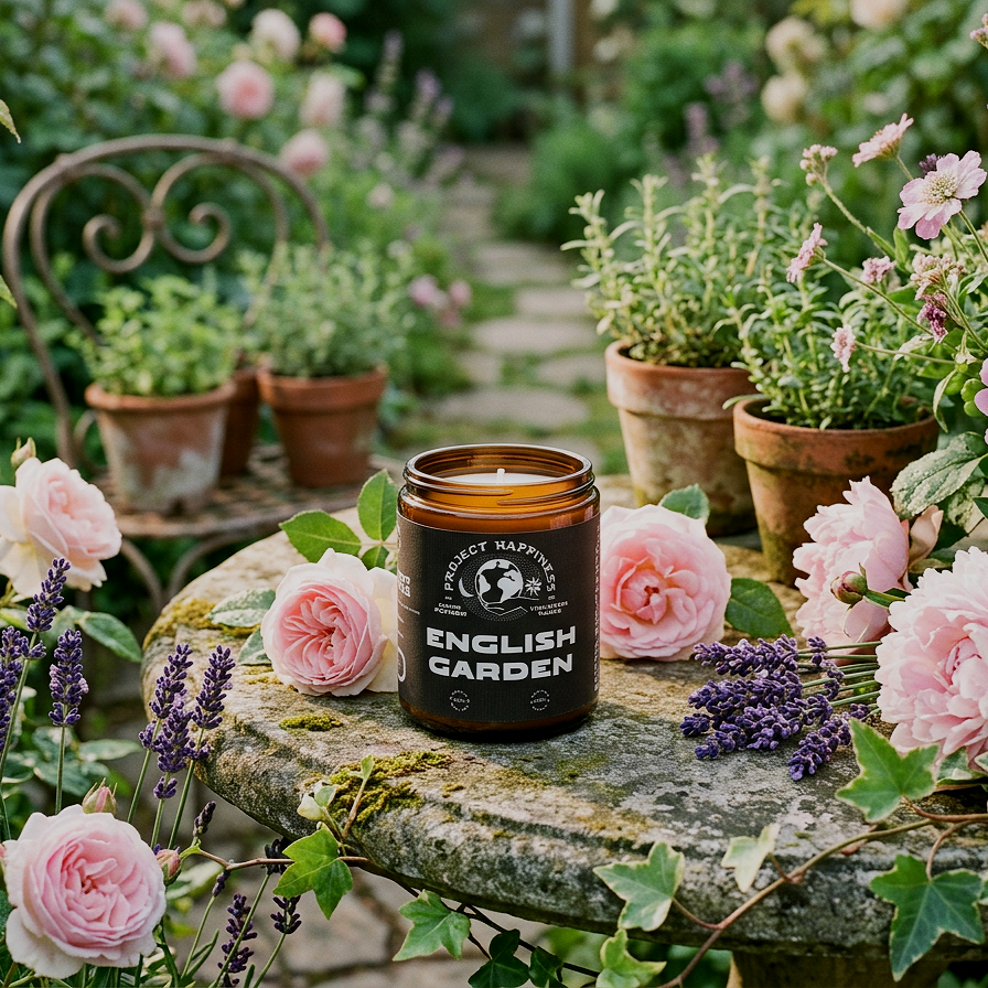 English garden scented candle in an amber glass jar surrounded by blooming roses, lavender, peonies, and wildflowers on a stone garden table.