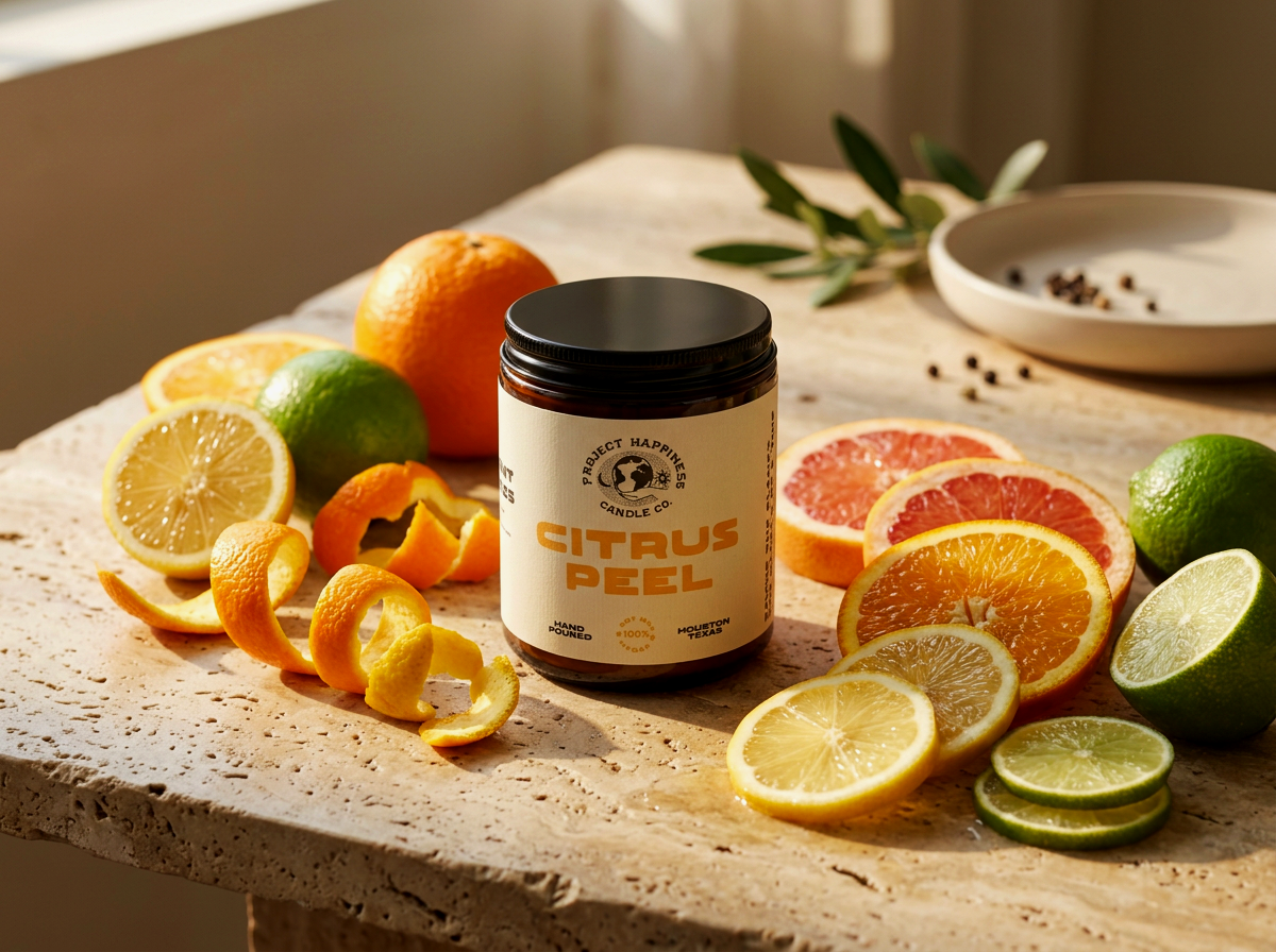 Citrus Peel candle surrounded by fresh citrus fruits and peels