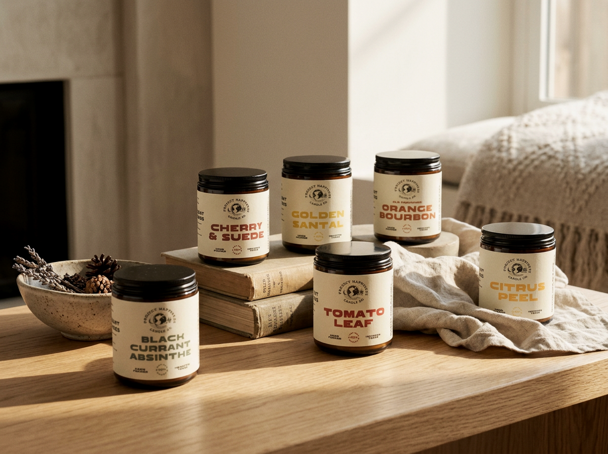 Full-size candle discovery set displayed on an oak table with linen, dried botanicals, books, and soft afternoon light.