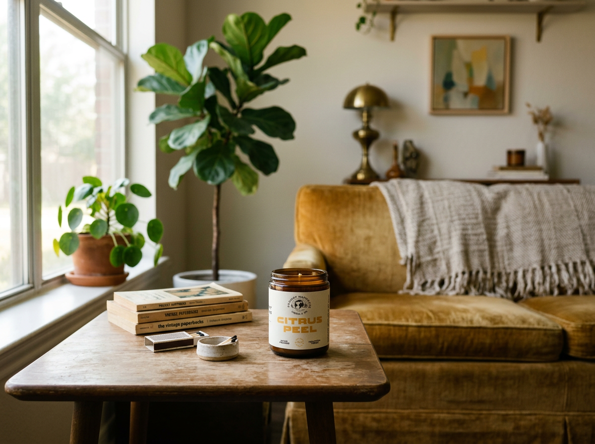 Candle styled on a surface in a cozy, vintage-inspired home with plants and eclectic décor.