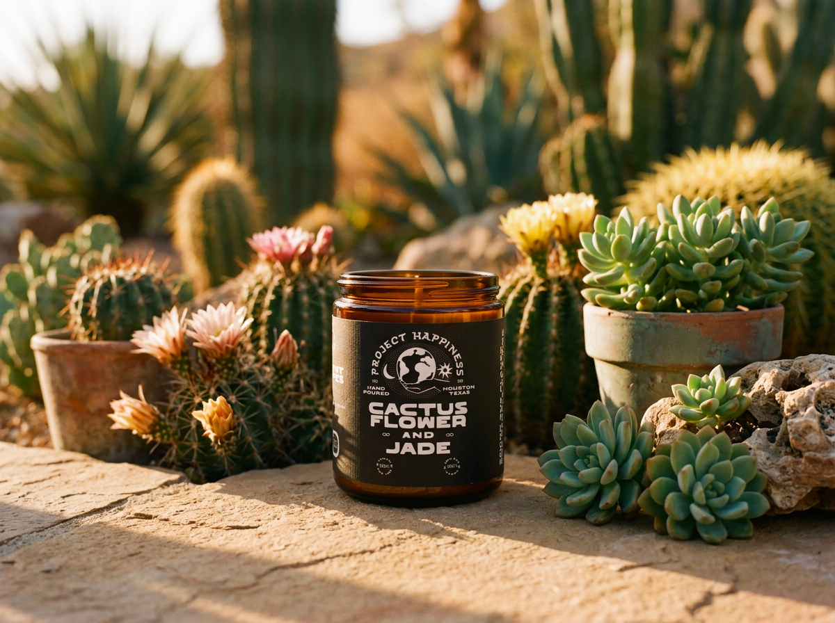 Cactus flower and jade scented candle surrounded by sculptural cacti, soft pink blooms, sandy stone, and golden-hour light.