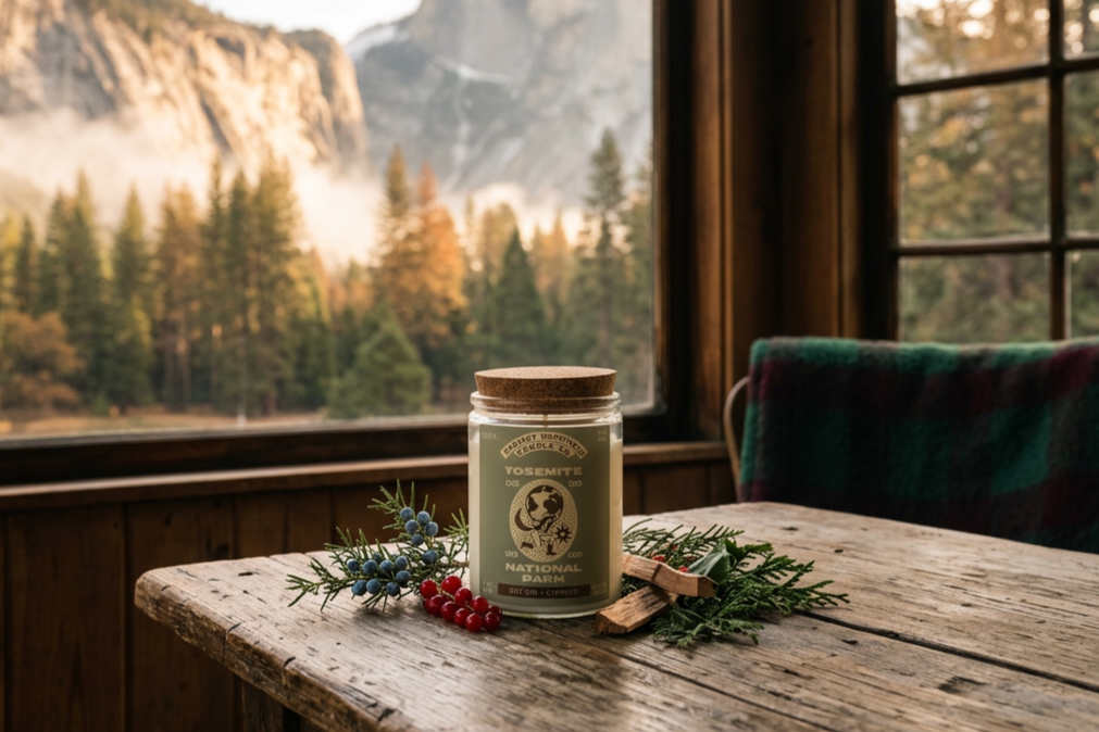 A yosemite candle sitting on top of a table with the yosemite mountains in the background