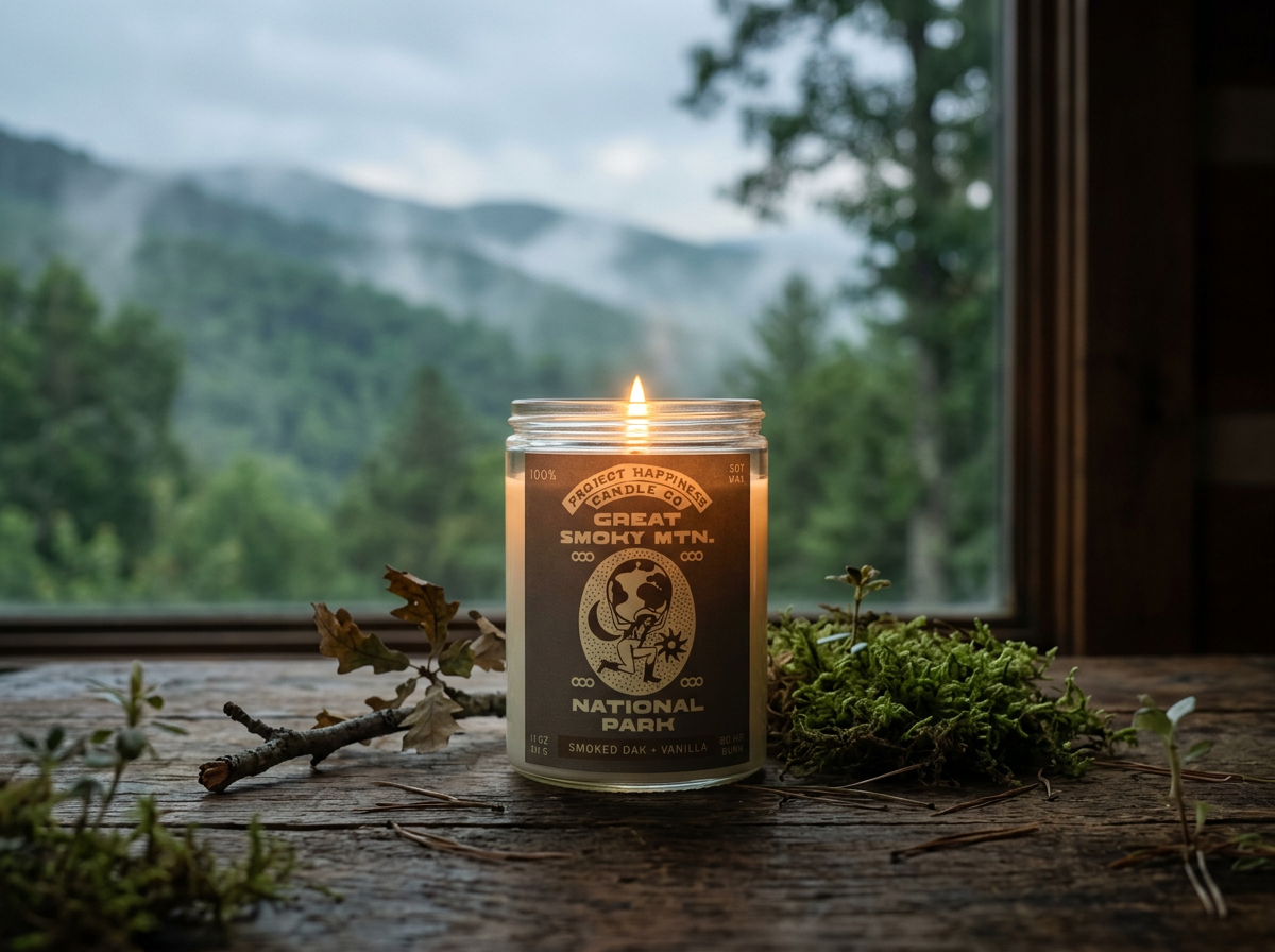 a candle sitting on a table with the great smoky mountains in the greenery background