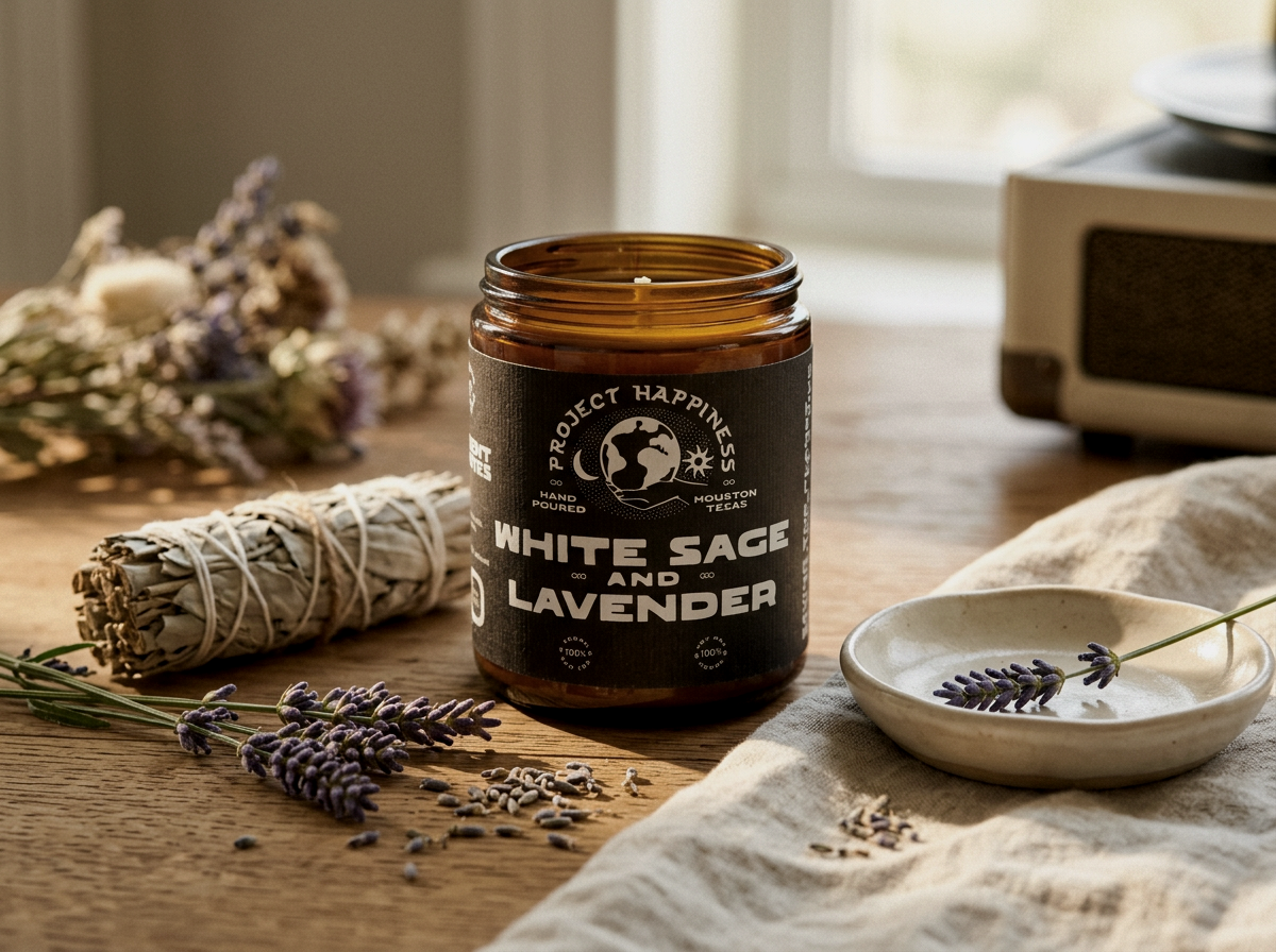 amber glass white sage and lavender candle styled with sage bundles, fresh lavender, linen, and a ceramic dish in soft morning light.