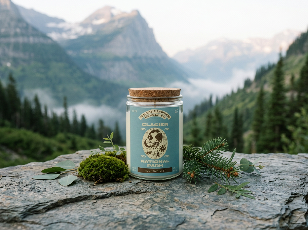 a glacier national park candle sitting on a rock on with the background being the national park with trees and a pond