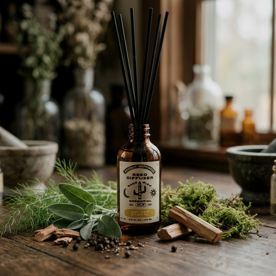 Project Happiness Golden Santal reed diffuser with rattan reeds, styled with fennel, sage, peppercorns, cedarwood, moss, and sandalwood in an earthy apothecary-inspired setting.
