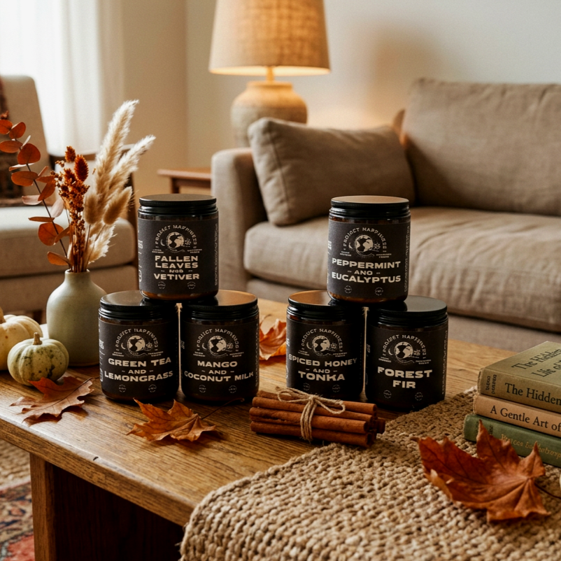 Seasonal scented candles displayed on a warm wood table in a cozy, vintage-inspired home with dried leaves, gourds, and soft autumn light.