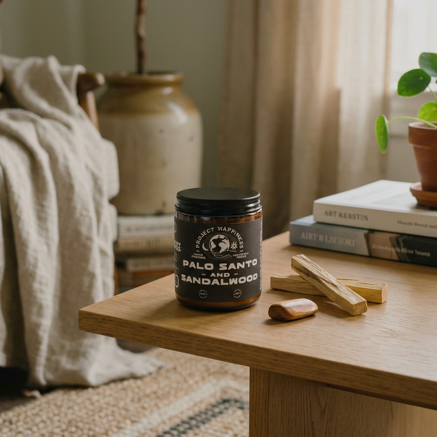 8 oz palo santo and sandalwood candle in an amber glass jar, styled with palo santo sticks in a warm, bohemian-inspired living room.