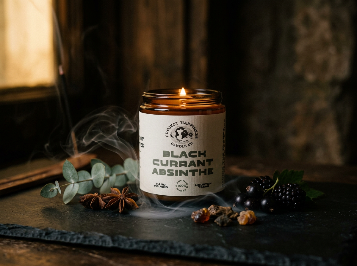 A candle in a Dark, moody candle surrounded by a smoky, luxurious aesthetic.