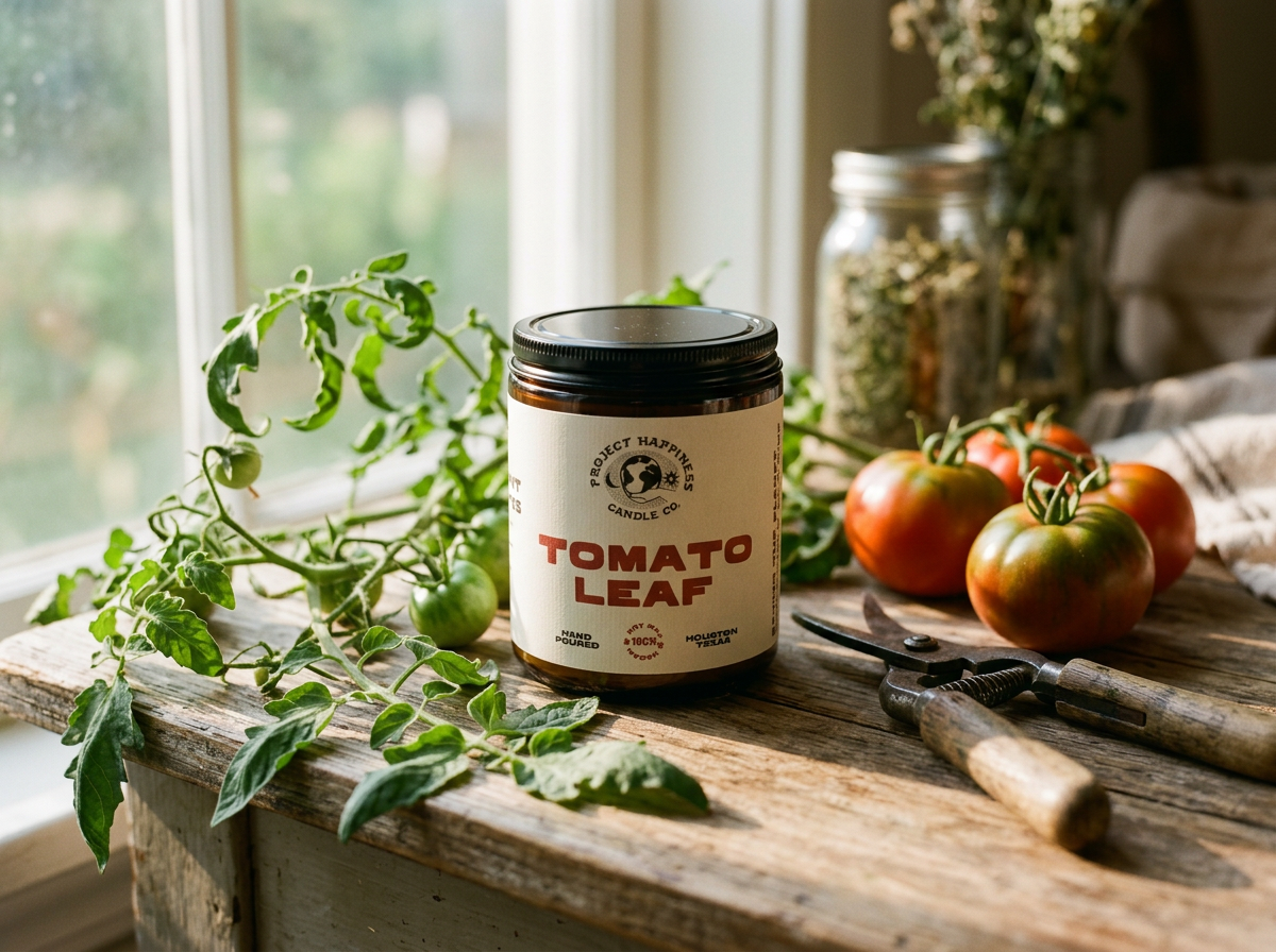 Tomato leaf scented candle in an amber glass jar surrounded by fresh vine tomatoes and green leaves on a rustic wood table.