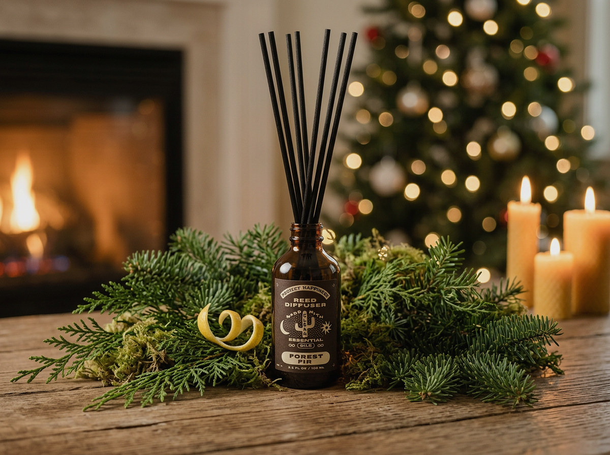 Forest Fir reed diffuser with rattan reeds, surrounded by evergreen branches and moss in a warm, cozy winter setting.