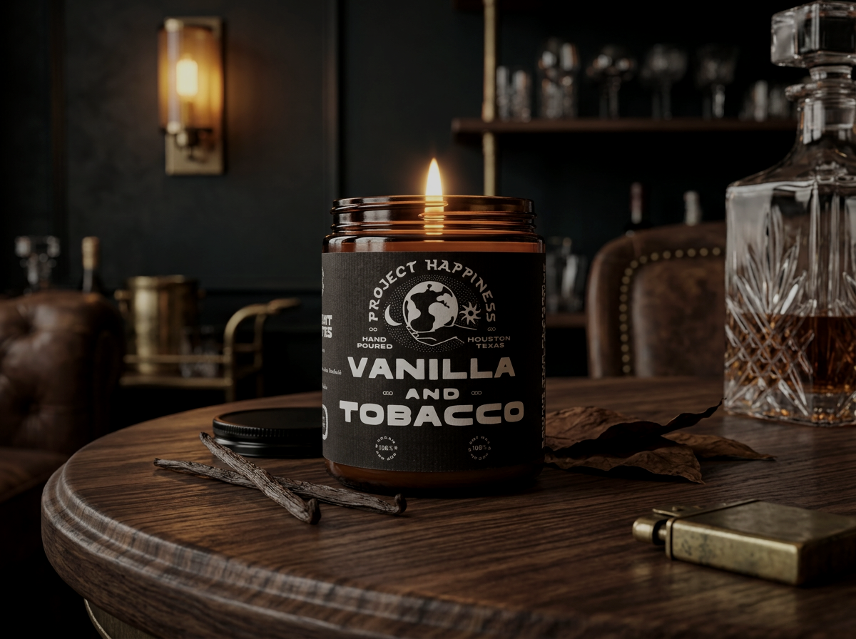 Vanilla and Tobacco candle in a glass jar on a dark wood table in a cozy speakeasy-style coffee shop, surrounded by warm, moody lighting.