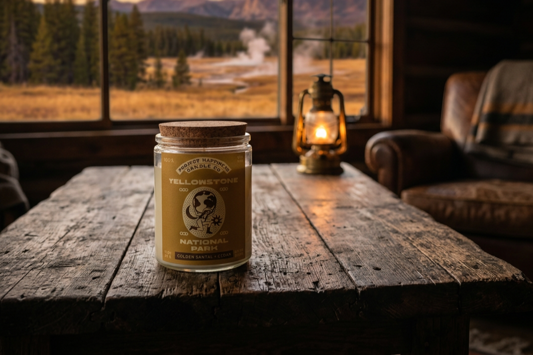 A national park candle named yellowstone sitting on a table with ornaments around it and the yellowstone national park in the background with the geysers in the background