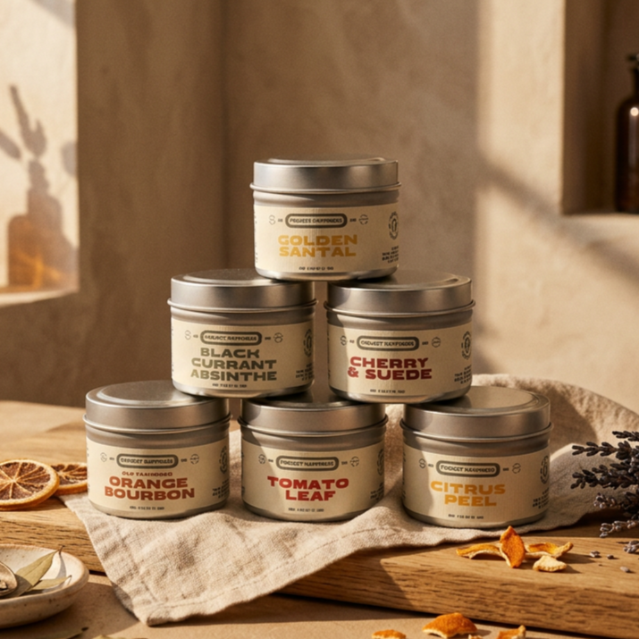 6 Apothecary Candle Kit with six 2 oz tin candles on a warm apothecary inspired tabletop featuring herbal, citrus, fresh, sweet, and luxury-inspired fragrances. Each candle burns 10–20 hours.