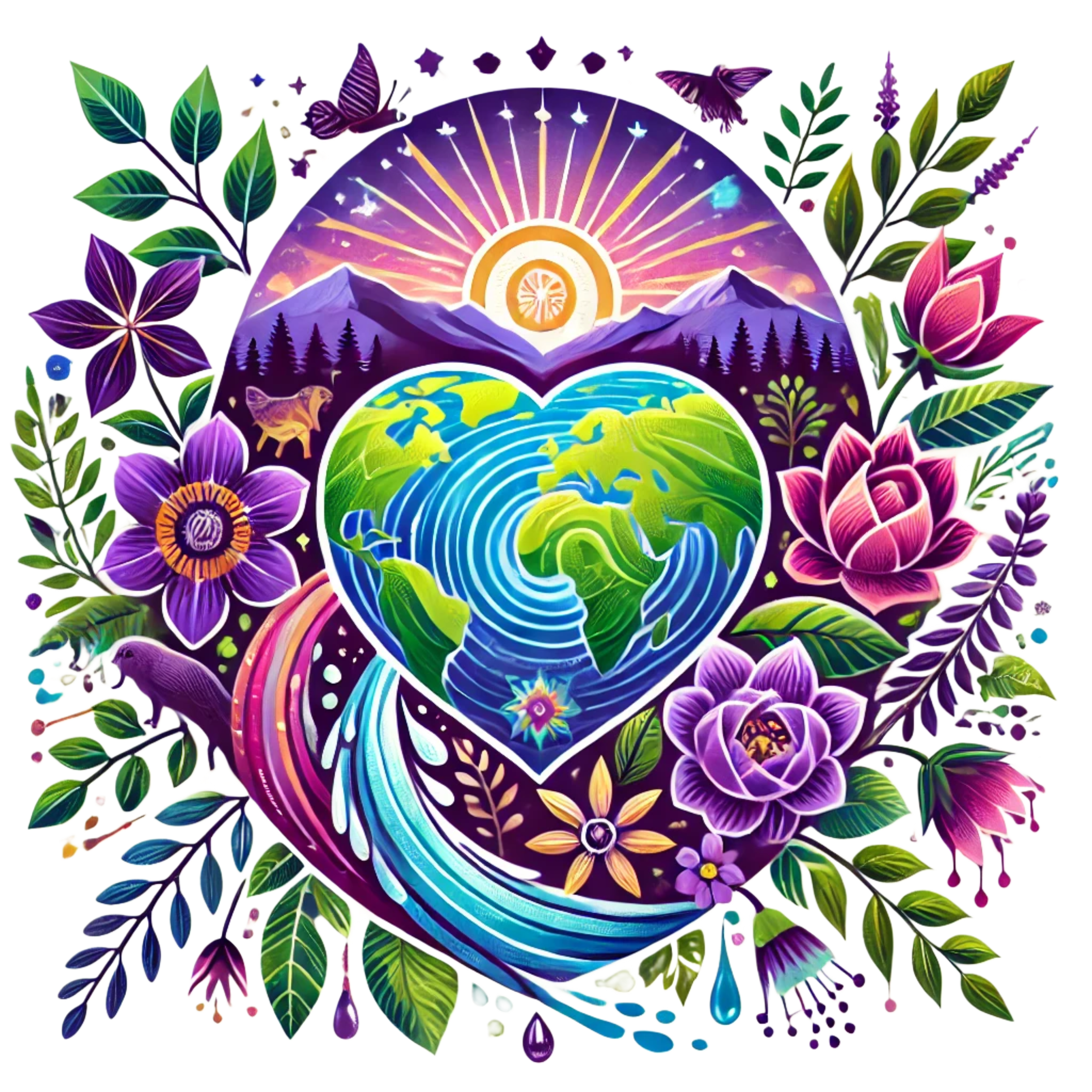 A vibrant, colorful illustration of a heart-shaped Earth at the center, surrounded by flowers, leaves, and butterflies. Above the Earth, a mountain scene with a bright sunrise or sunset and a sun with radiating beams. A stream flows from the Earth into the lower part of the image, with droplets, flowers, and lush greenery all around, symbolizing nature and environmental harmony.