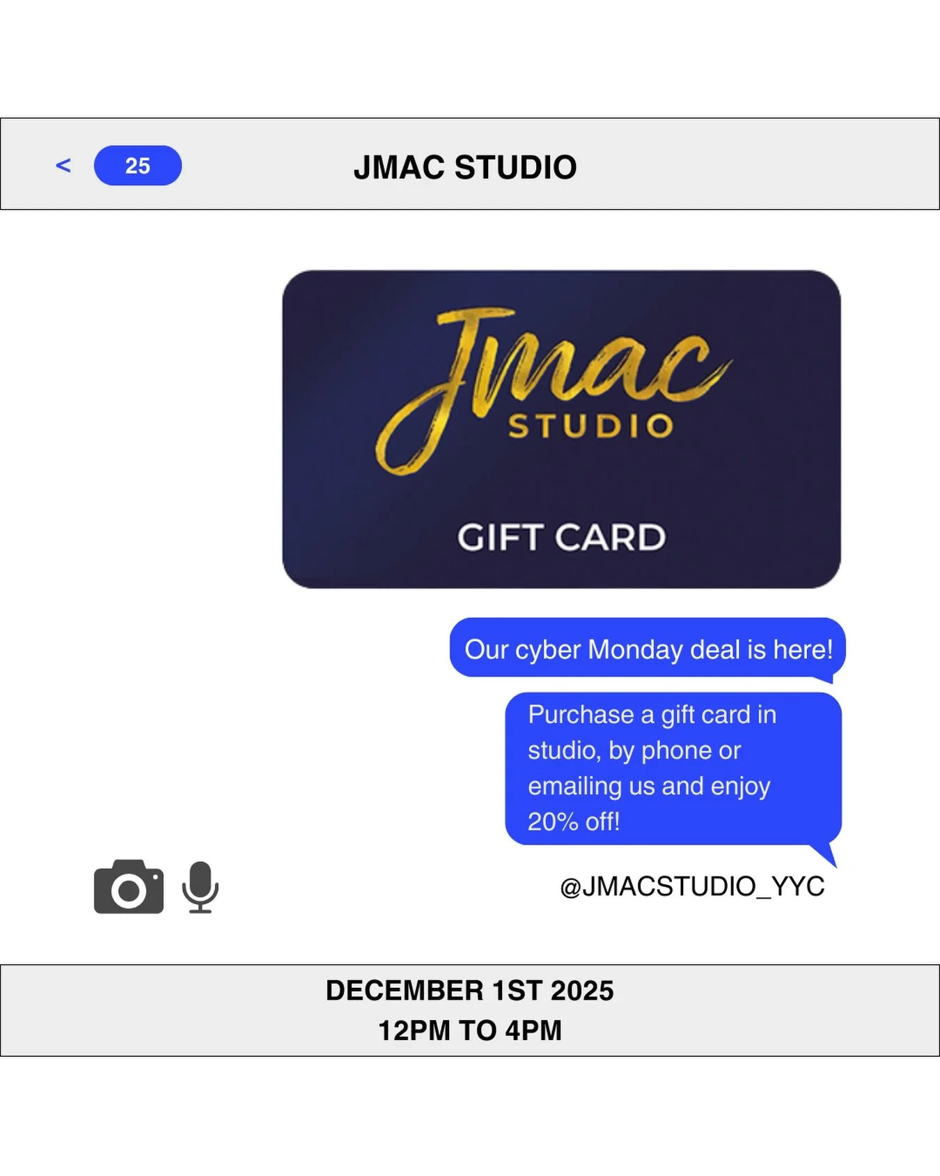 Cyber Monday starts early at JMAC 🤍

Get exclusive early access starting today by emailing Jennifer@jmacstudio.ca to purchase your gift card ahead of time.

✨ Phone and in-studio purchases open Monday, December 1st from 12&ndash;4pm (one day only!)

