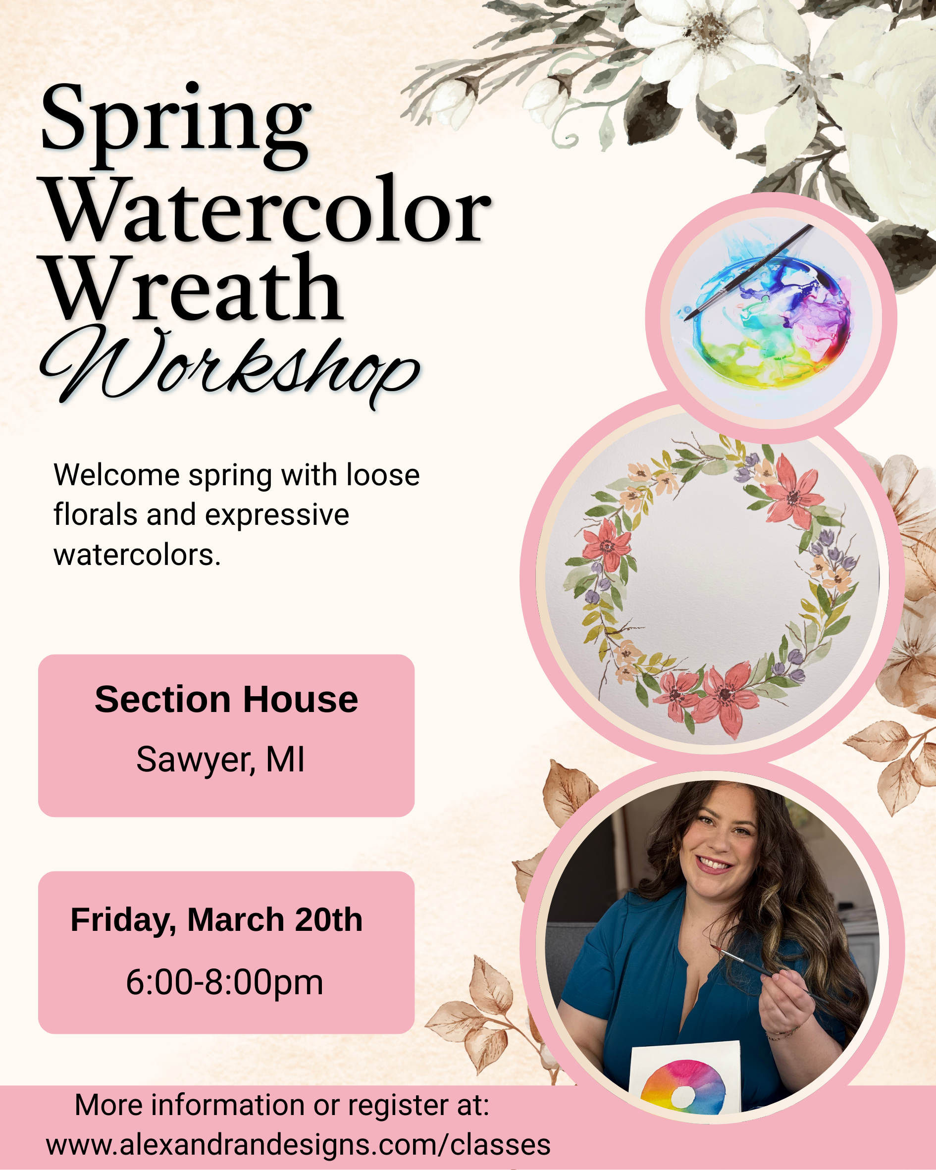Spring Watercolor Floral Wreath Workshop at Section House- Sawyer, Mi