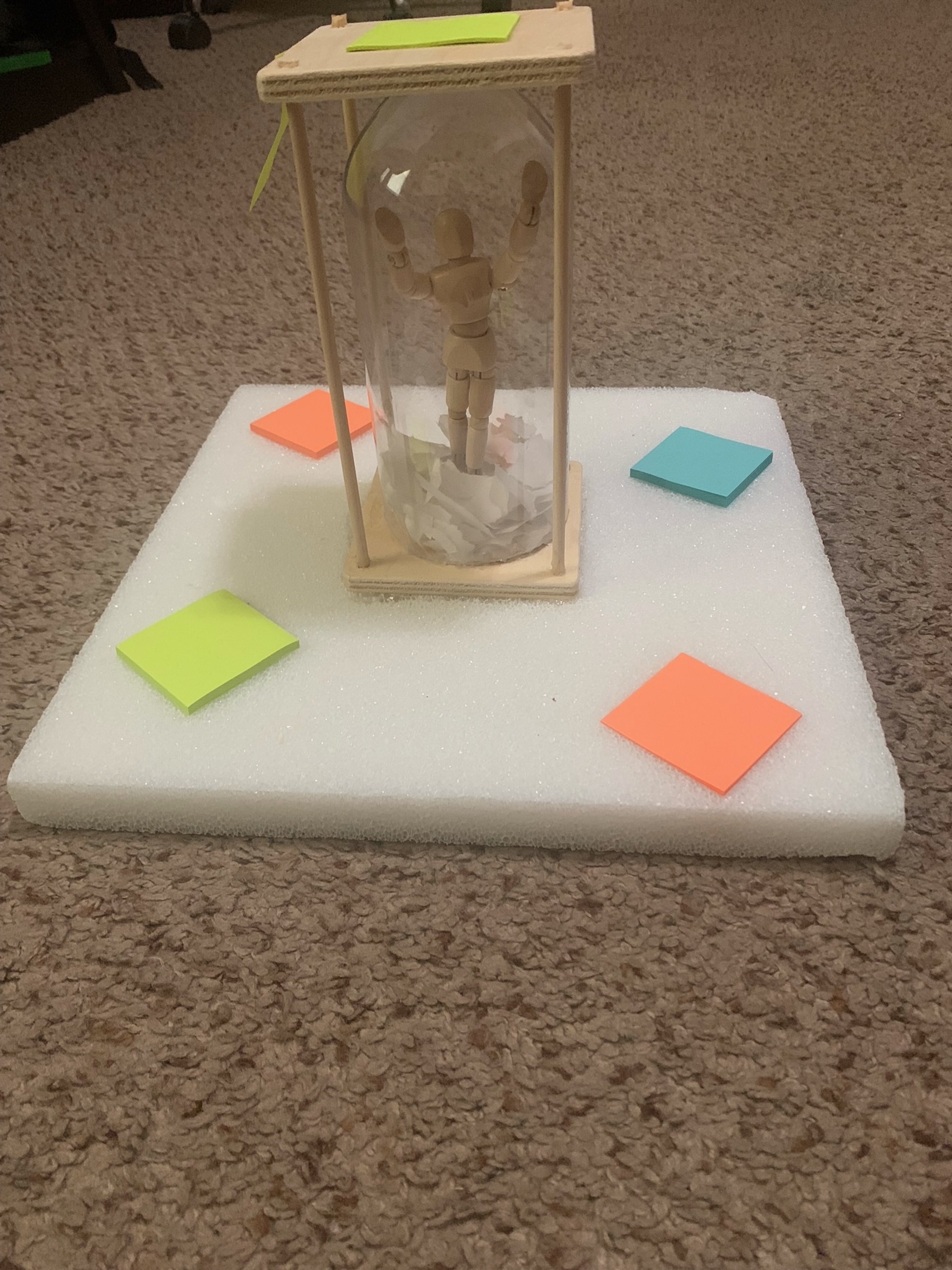 rey Lynch: Found Objects Assignment
Sculpture of burnout and deadlines by Jonathan Trey Lynch
Medium: sculpting
Tools: Wooden blocks, wooden sticks, a flavored water bottle, a drawing reference figure, scissors, paper, sticky notes, styrofoam square