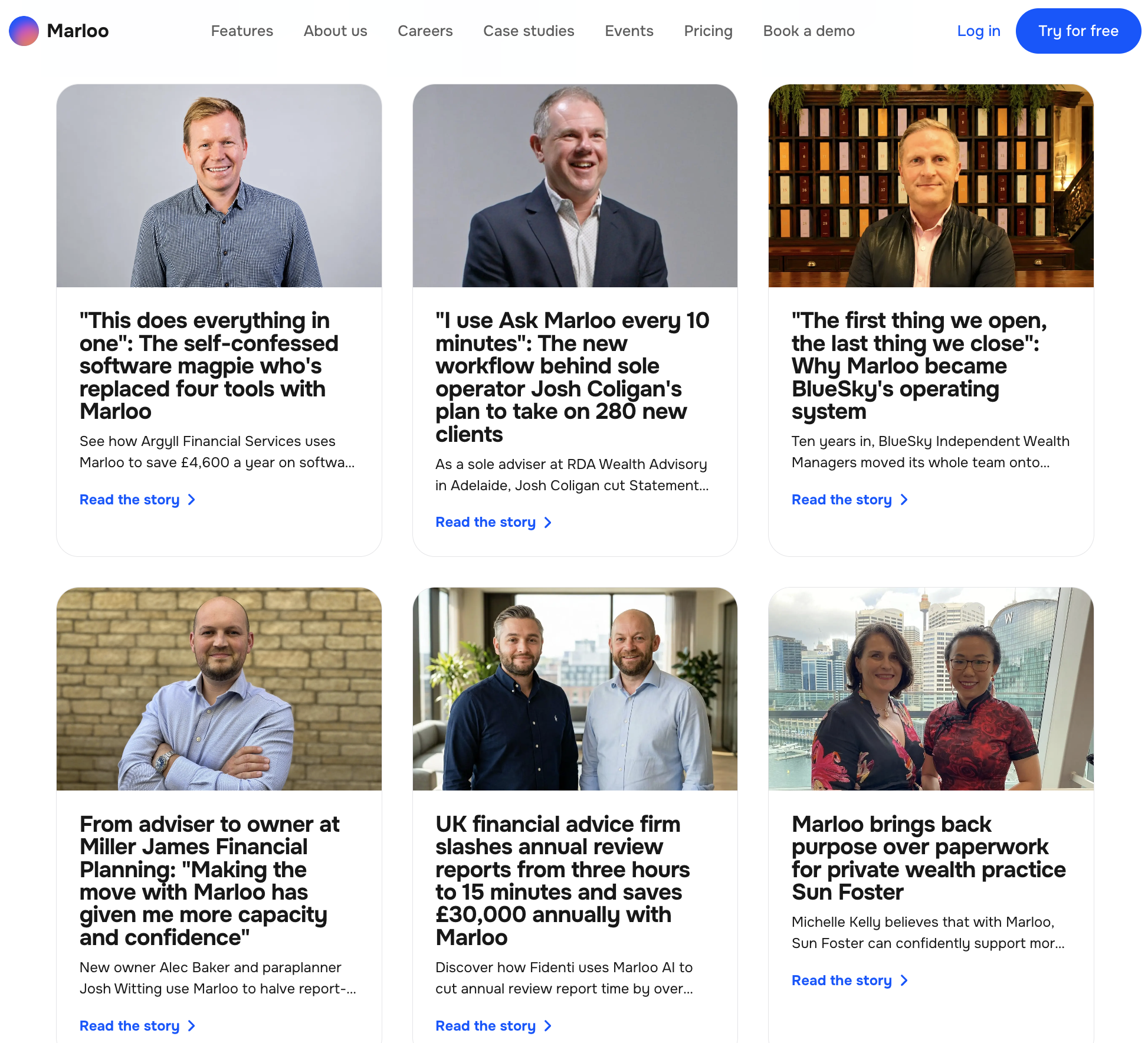 Screenshot of a webpage showing a news section with photos of people, headlines, and brief descriptions of articles related to financial advice and business topics.