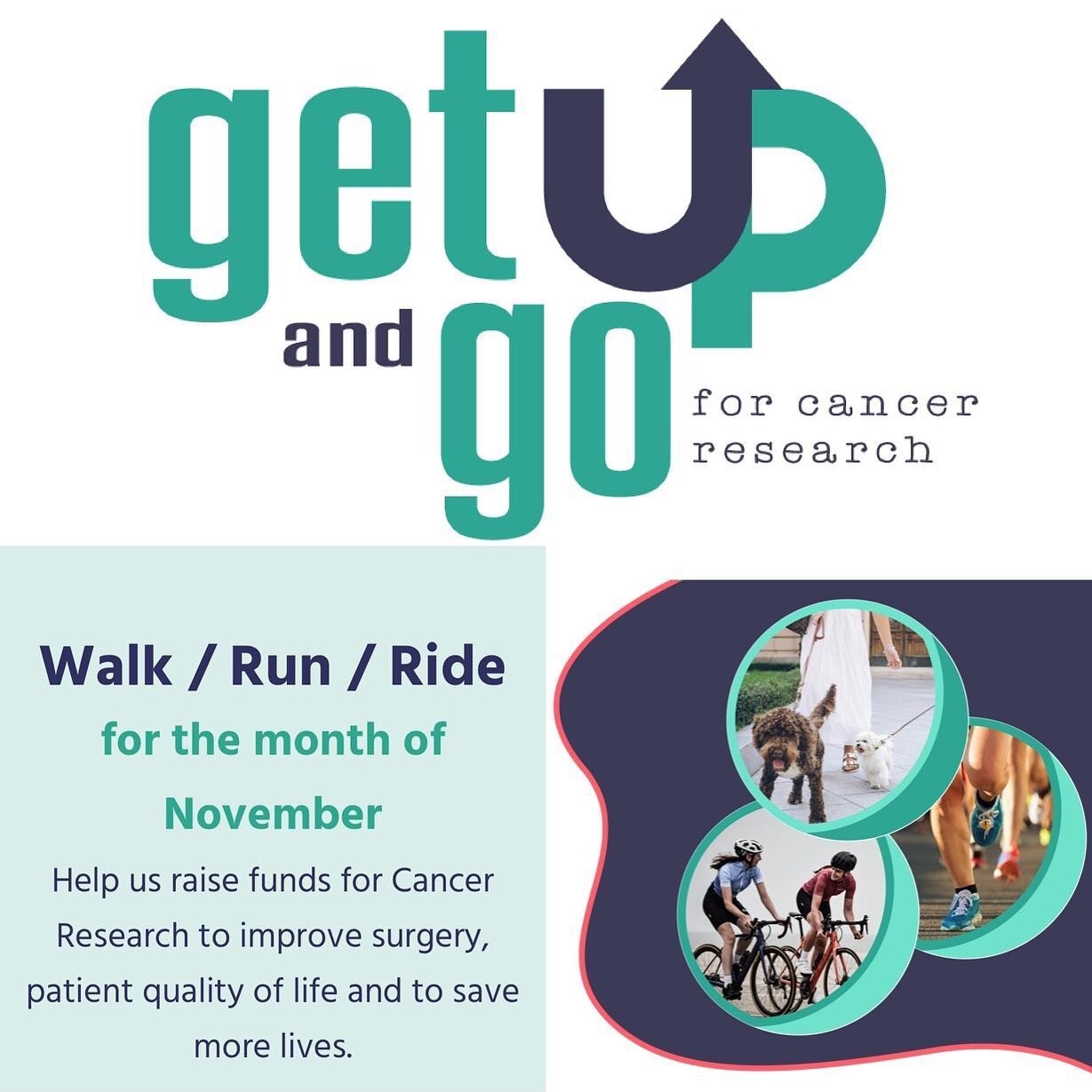 Get Up &amp; Go for Cancer Research 
🚶🏻&zwj;♀️Walk/🏃🏼&zwj;♂️Run/🚴🏾&zwj;♂️Bike for the month of November to support hepatobiliary and upper gastrointestinal cancer research. Grab your friends and family and come join us in getting fit while supp