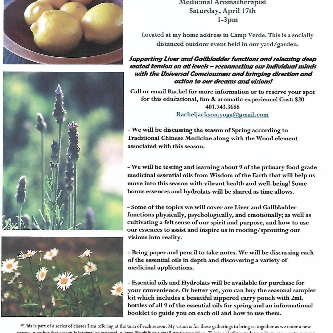 Aromatherapy in Season - The Spirit of Spring 
Here's the flyer with all the details on this outdoor event on Sat. April 17th 1-3pm
Sharing Wisdom of the Earth Essential Oils for Spring wellness. Have a Happy Vernal Equinox tomorrow!