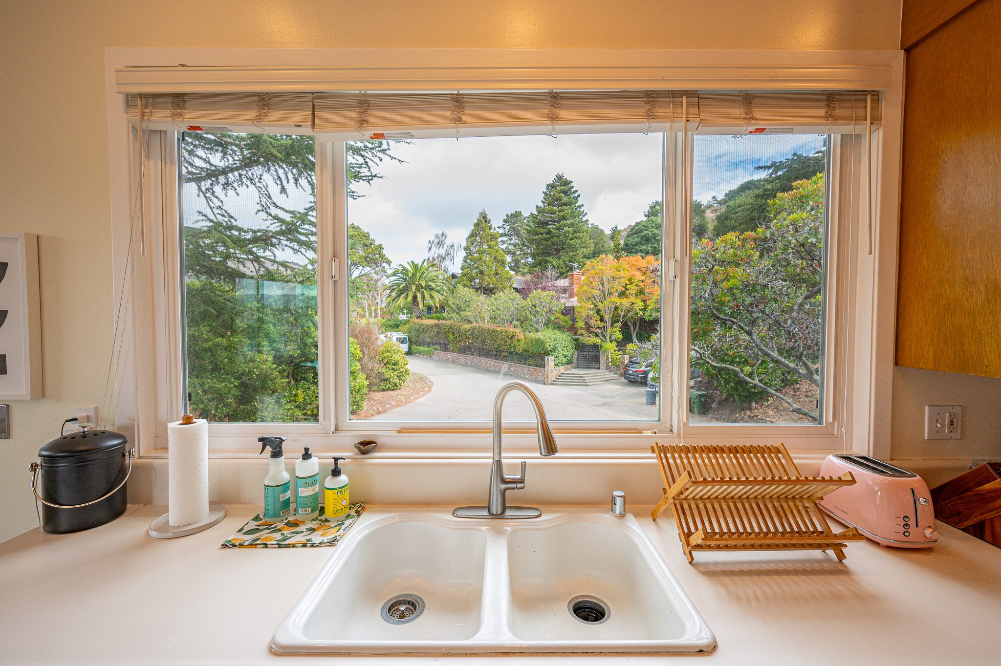 View from kitchen window showing trees, house, and street outside.