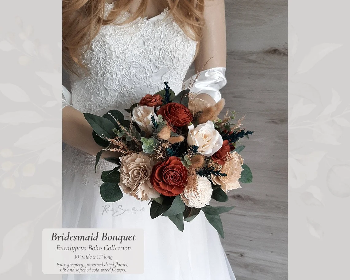 Eucalyptus Boho Wedding Flowers - Champagne Terracotta Silk and Sola Wood Bridal Bridesmaid Bouquet