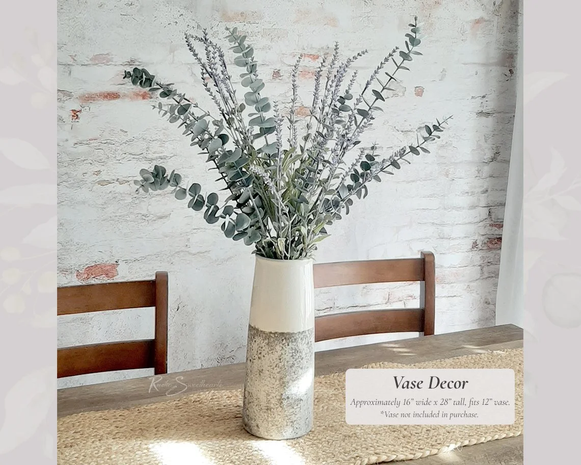 Vase Decor Centerpiece - Faux Lavender, Spiral Eucalyptus, Dusty Miller Arrangements