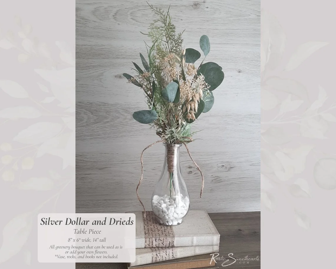 Silver Dollar and Drieds Wedding Flowers Table Piece Decor