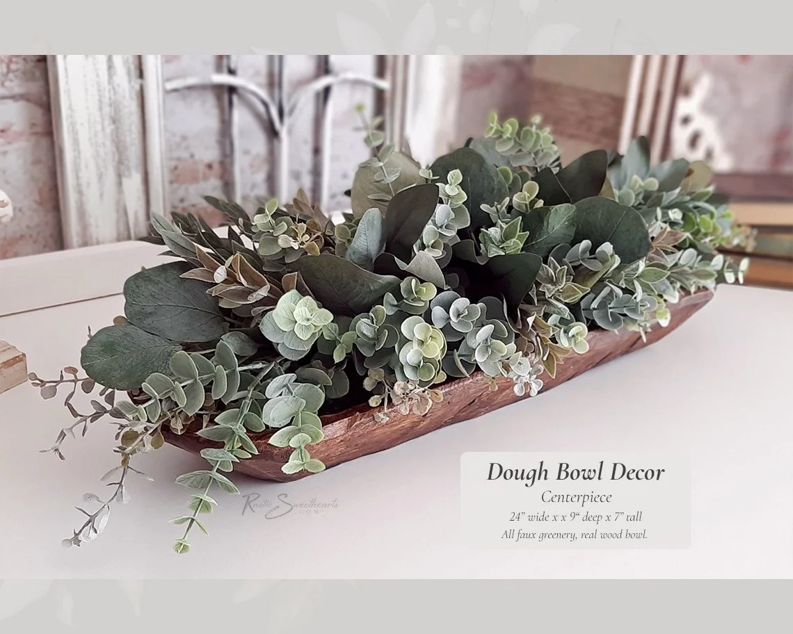 Dough Bowl Decor Centerpiece - Faux Eucalyptus and Ruscus Arrangement