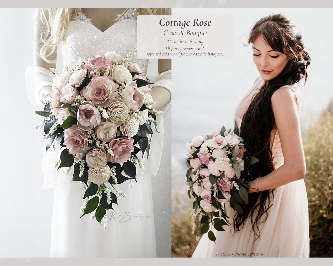 Cottage Rose Wedding Flowers | Light Dusty Rose & Ivory Sola Flower Bridal Cluster Cascade Bouquet | Sola Wood Bouquet Bridesmaid Florals
