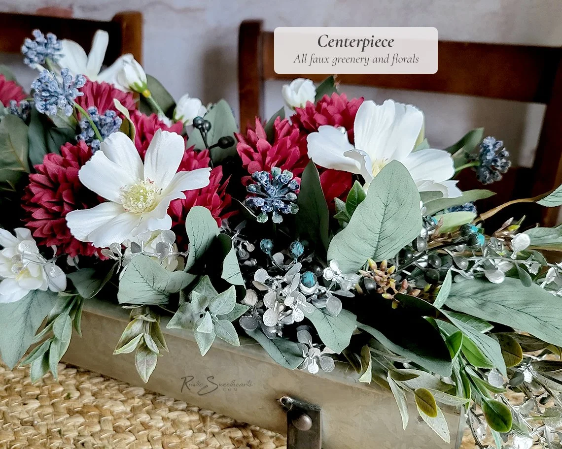 Dough Bowl Decor Centerpiece - Faux Greenery Red White and Blue Arrangement