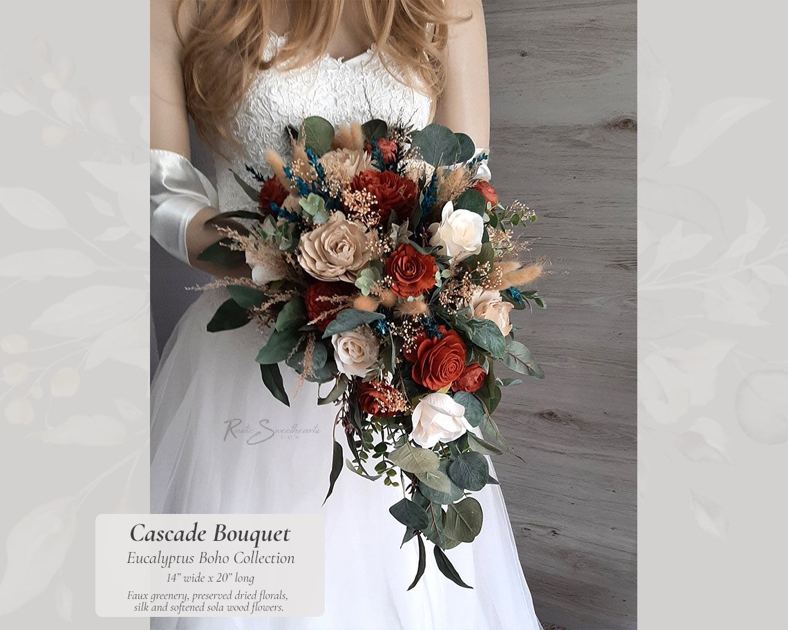 Eucalyptus Boho Wedding Flowers - Champagne Terracotta Silk and Sola Wood Bridal Cascade Bouquet